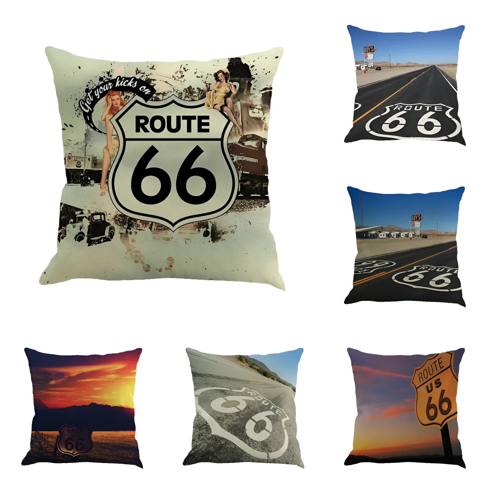 Square linen-cotton Route 66 landscape pattern cushion cover on a car seat
