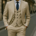 Men's Champagne three-piece suit with slim fit design including vest, jacket and trousers for formal events