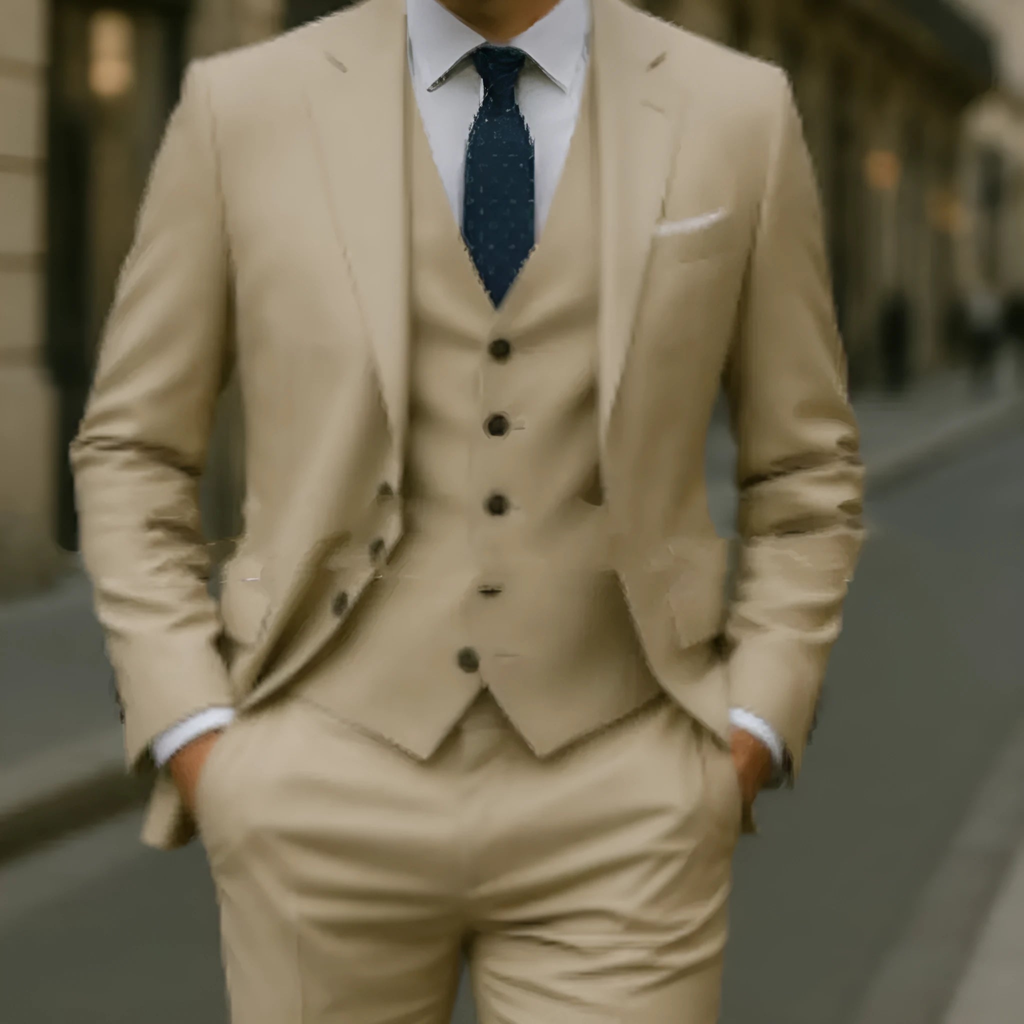 Men's Champagne three-piece suit with slim fit design including vest, jacket and trousers for formal events
