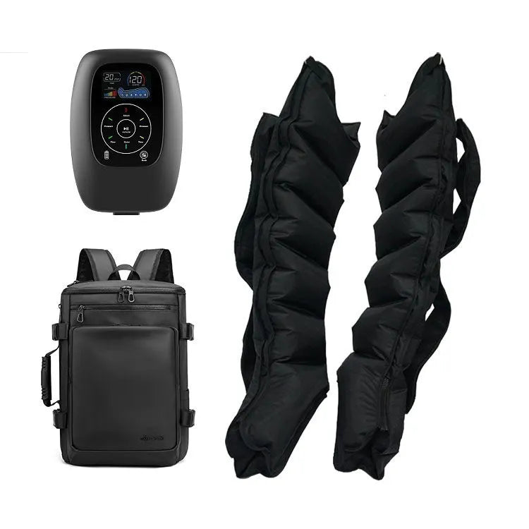 Air compression leg, arm, and waist massager set with remote control on a grey background.