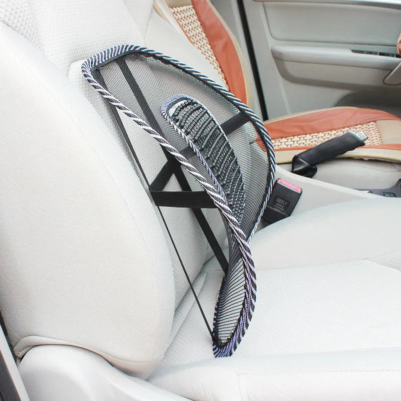 Black car lumbar support pillow showing polypropylene fibre mesh construction and 41x39cm dimensions