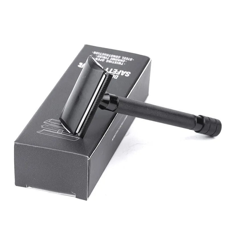 Traditional manual shaving razor with brush set on a black or silver handle