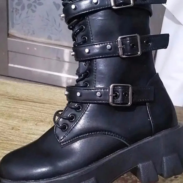Women's black mid-calf boots with metal buckle decoration and side zipper, rounded toe design