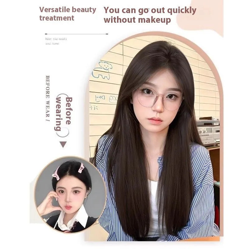 Full-head forehead lace wig with long straight dark brown hair and included care kit