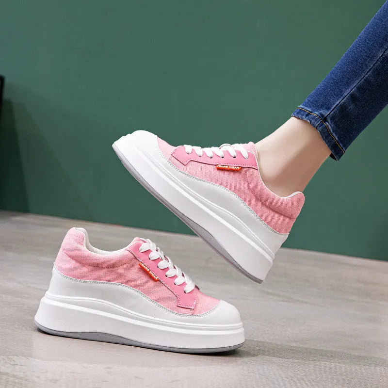 Women's beige and pink cowhide leather board shoes with a thick sole for height increase.