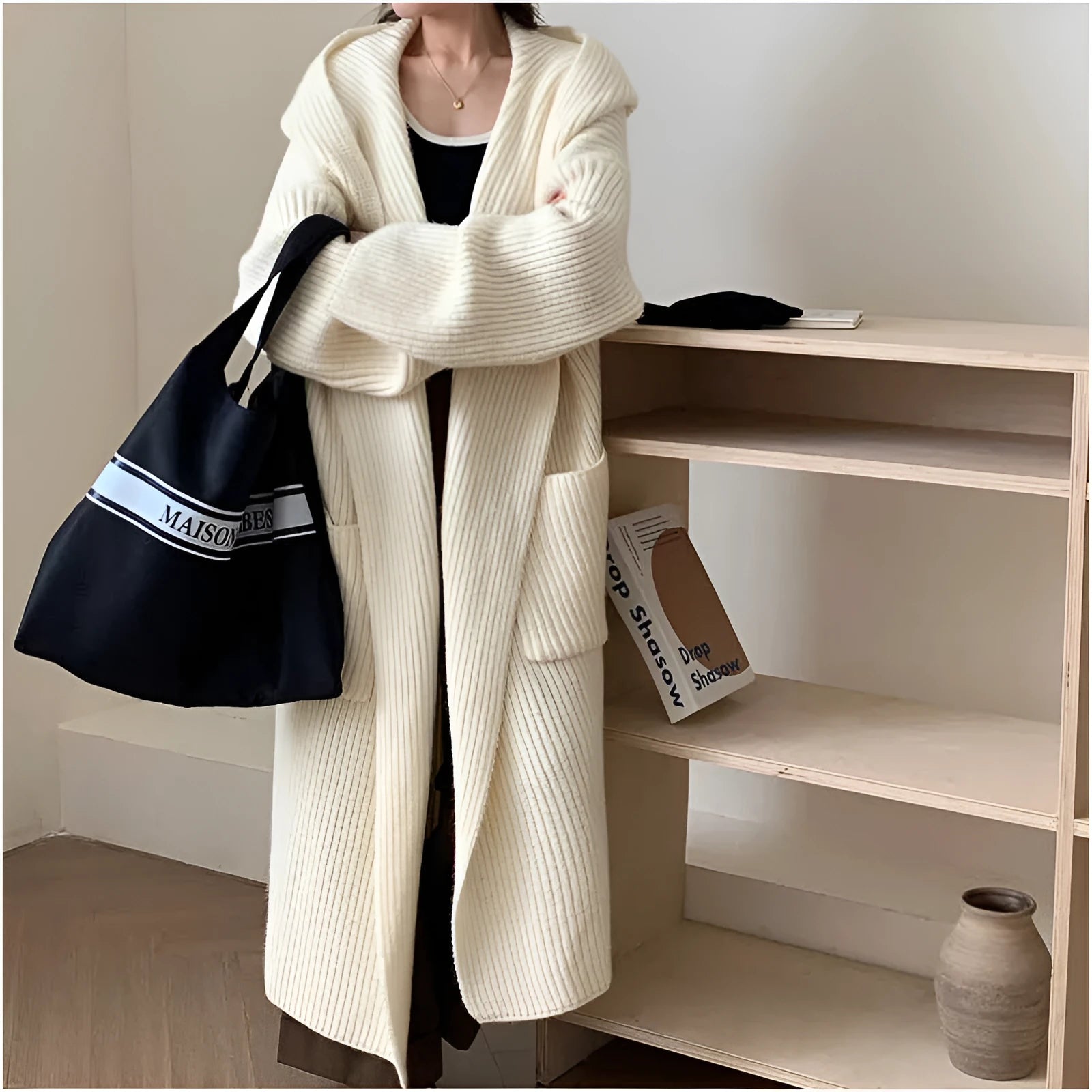 Women's loose acrylic hooded cardigan coat with raglan sleeves in milky white colour