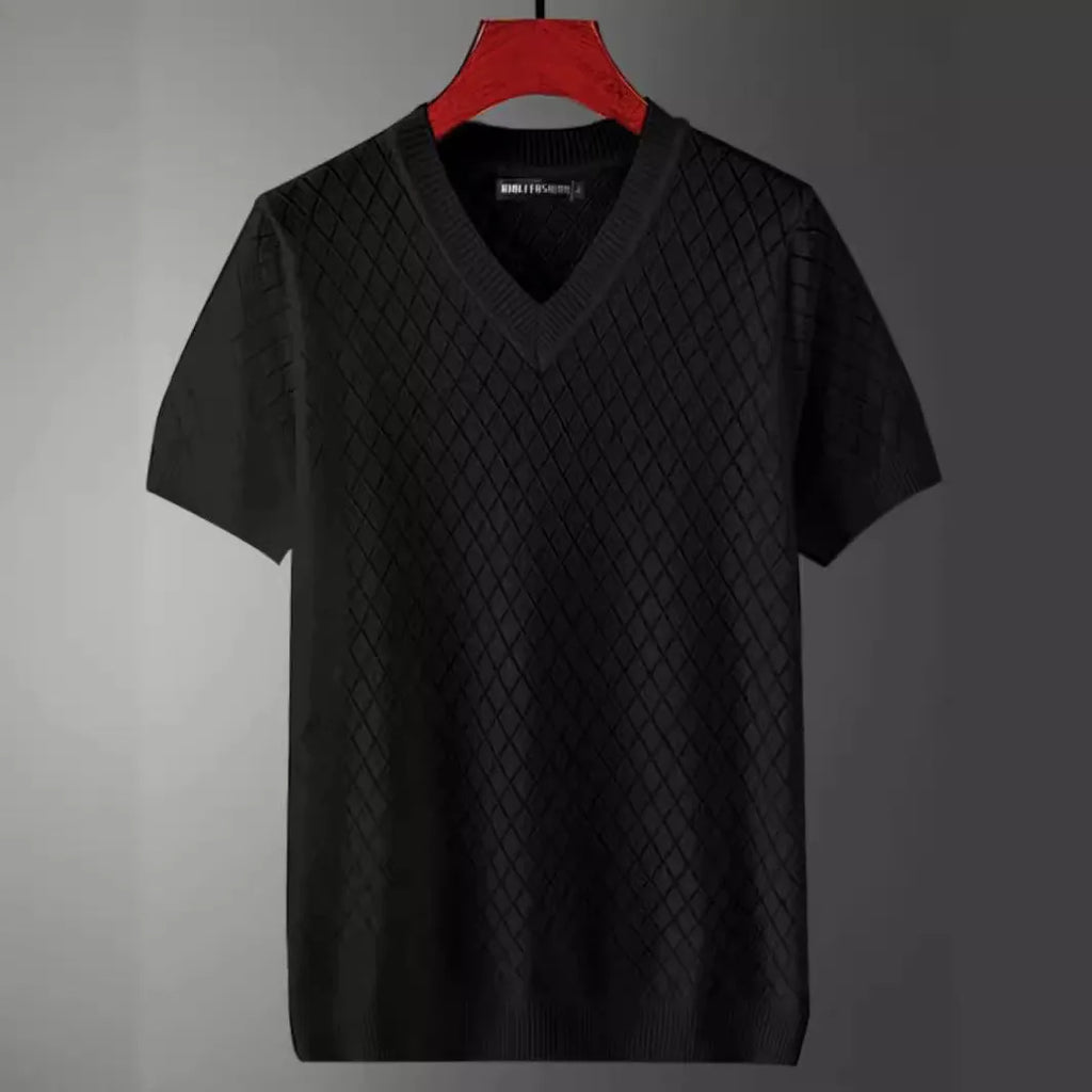 Man modelling a white ice silk V-neck t-shirt with a cut-out detail on the chest.