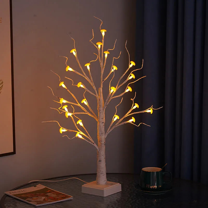60cm mushroom tree LED lamp with 24 warm lights on birch branches