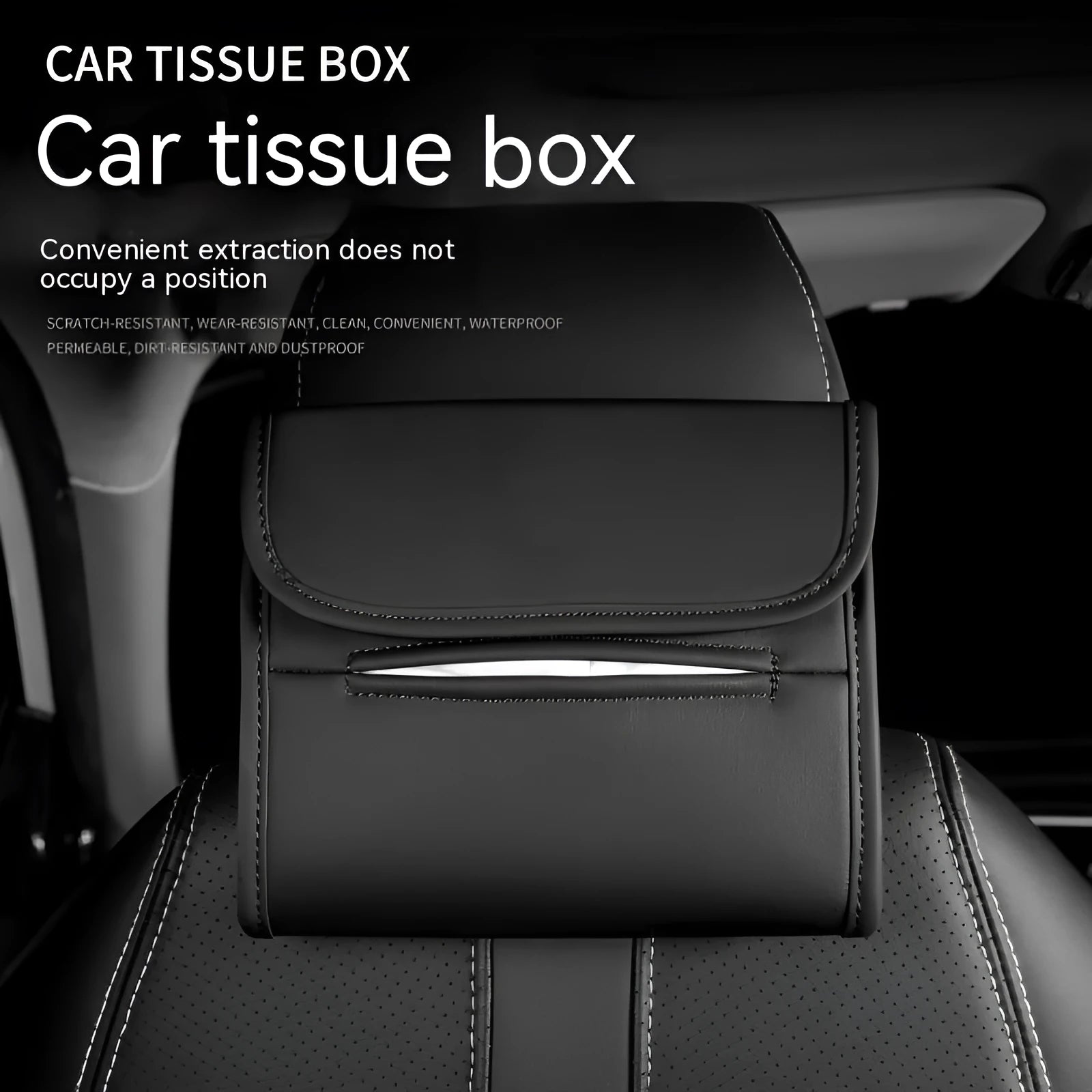 Brown leather car tissue box with elastic band hanging from a car sun visor