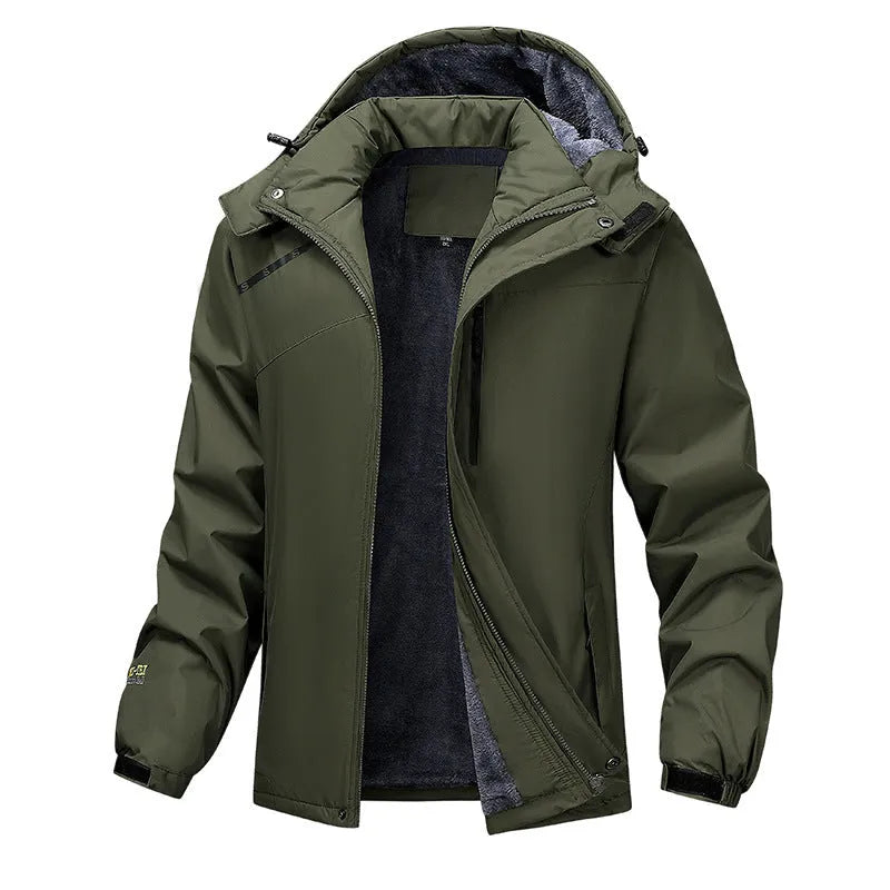Man wearing a plus size Army Green waterproof hooded coat outdoors.
