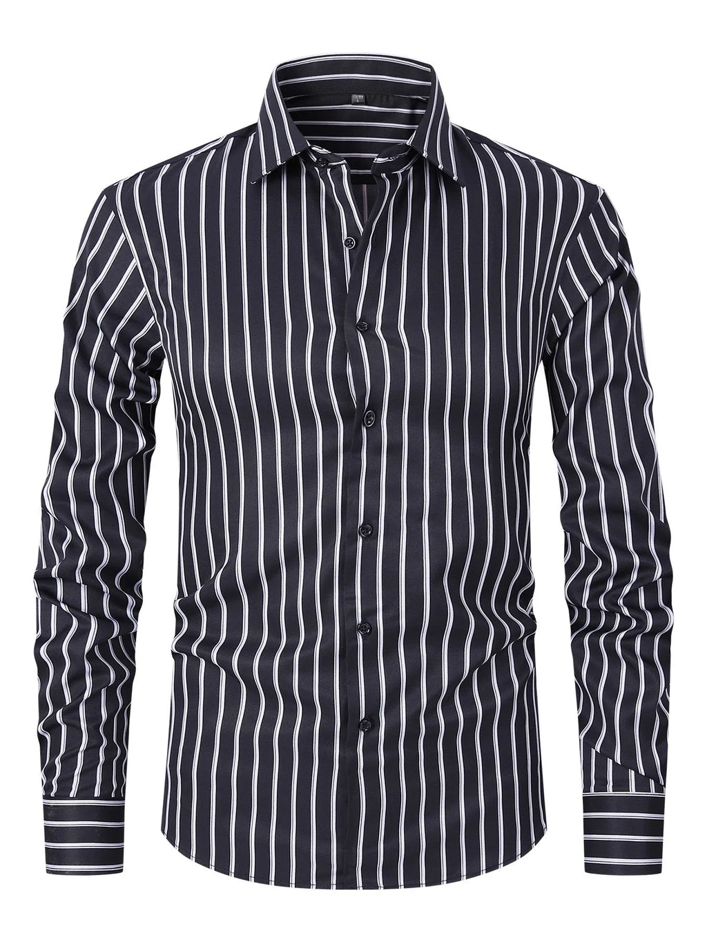 Man wearing a slim fit blue and white striped long sleeve business shirt.