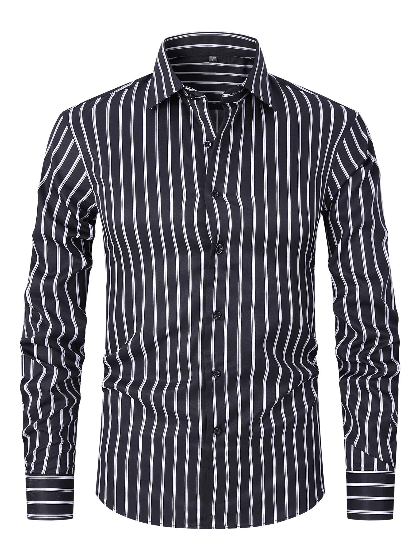 Man wearing a slim fit blue and white striped long sleeve business shirt.