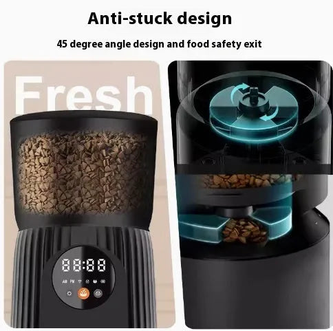 Black and white automatic pet feeder with digital display and food chamber for timed portion control