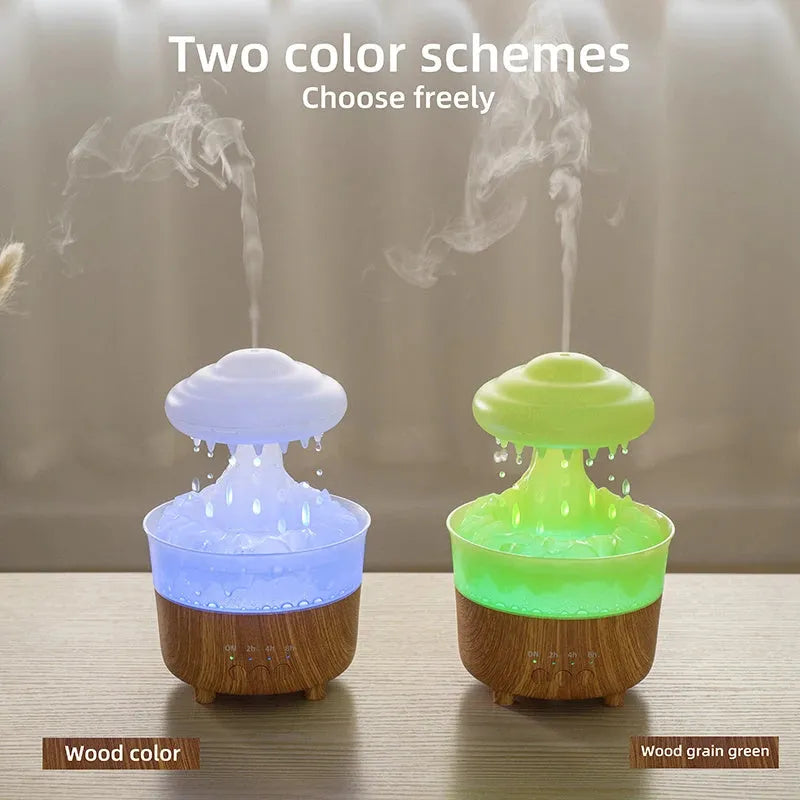 Wood grain white cloud-shaped humidifier diffuser with LED lights and water droplet effect