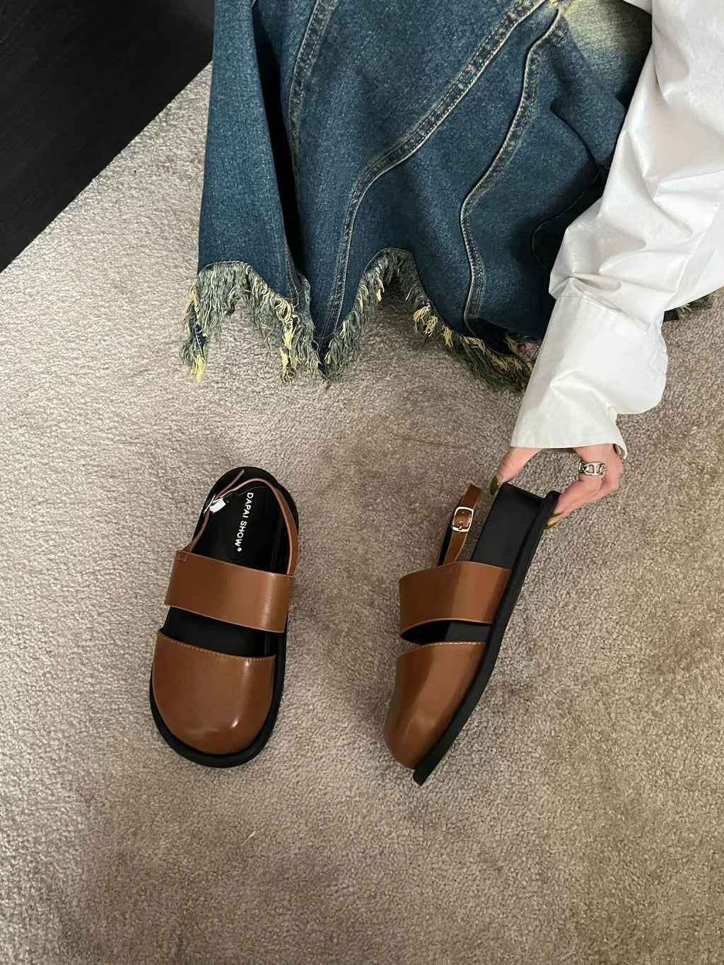 Women's retro Korean style sandals with closed toe, ankle strap buckle, in apricot colour.