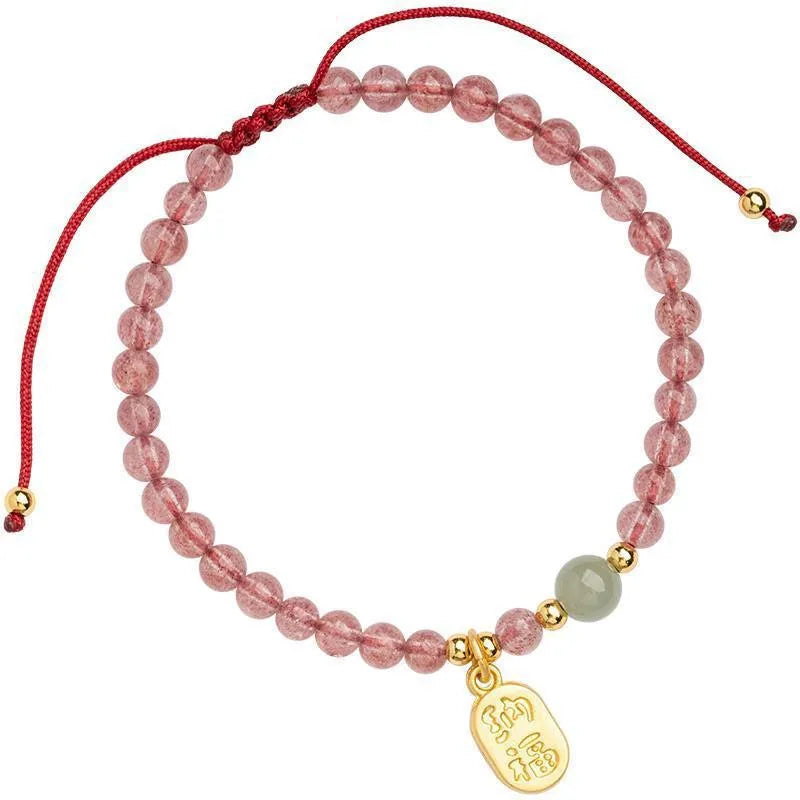 Red rope bracelet with strawberry quartz crystal and hand-woven construction for women