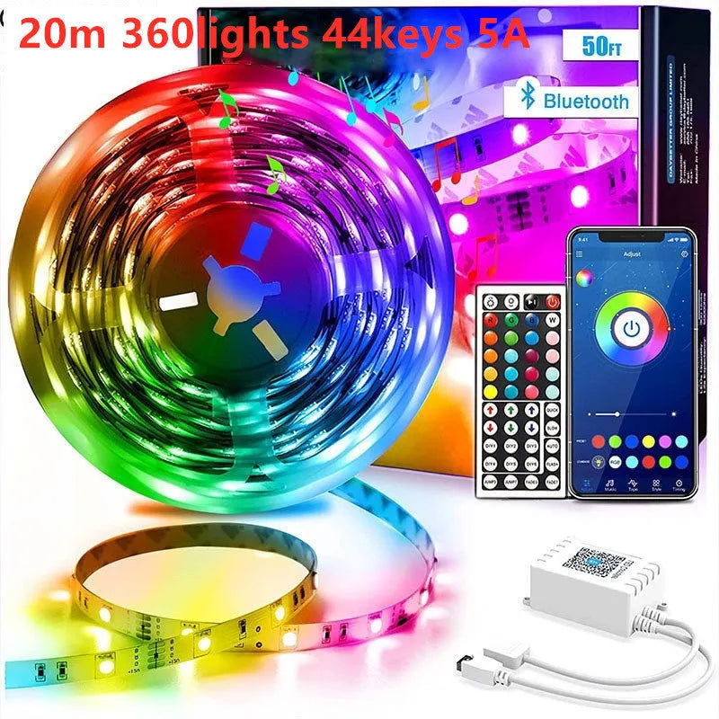 12V RGB LED light strip coil with Bluetooth remote control and power adapter on a white background.