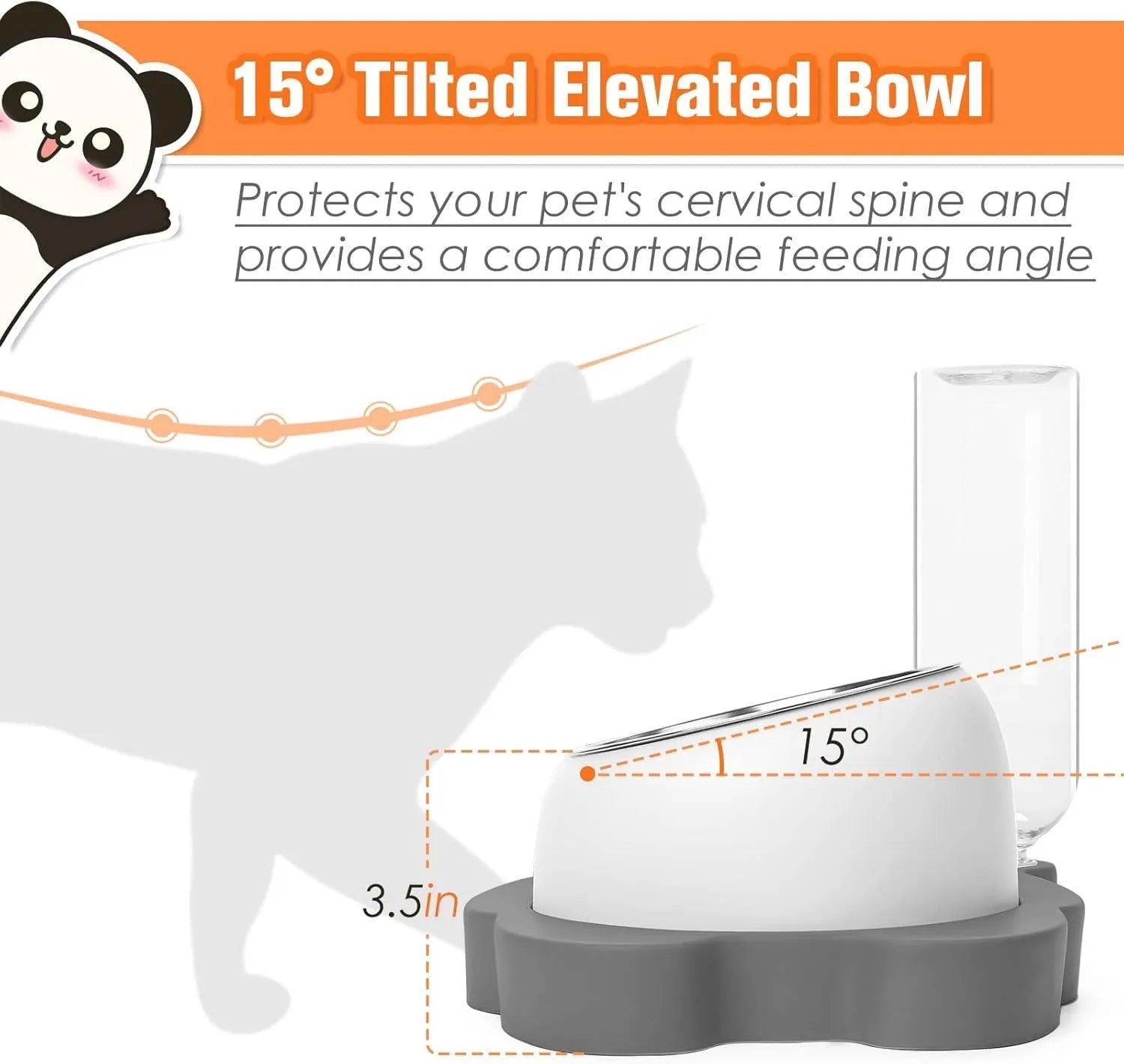 Grey automatic water dispenser and tilted raised stainless steel bowl pet feeder set.