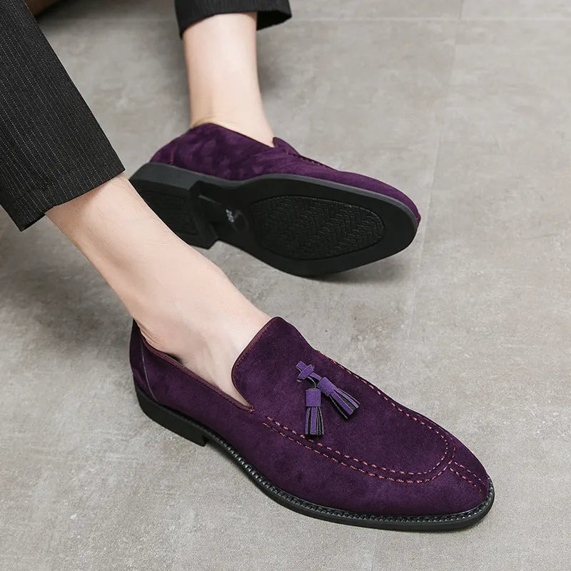 Men's suede matte fashion leather shoes in blue and purple with artificial PU upper and injection moulded sole