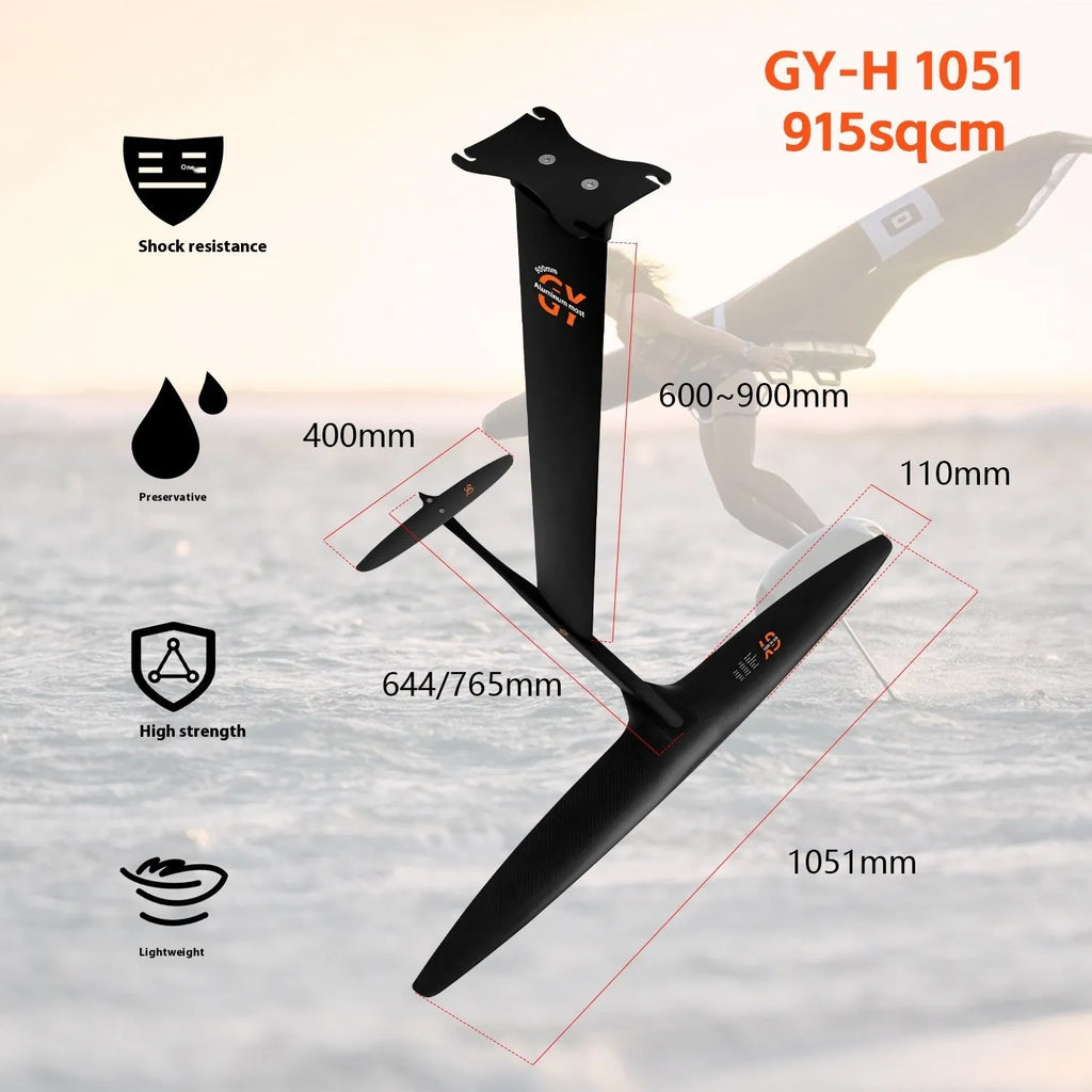 Black carbon fibre racing hydrofoil surfboard with 1051mm front wing