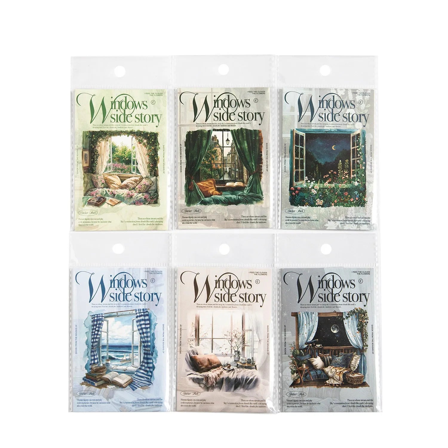 Set of retro-style decorative stickers with printed window scene designs for journals.