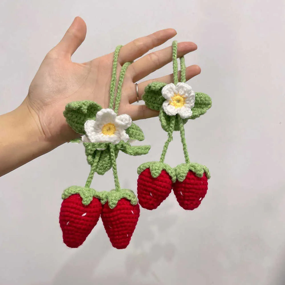 Handmade strawberry-shaped weaving pendant car decoration made from cotton and hemp yarns
