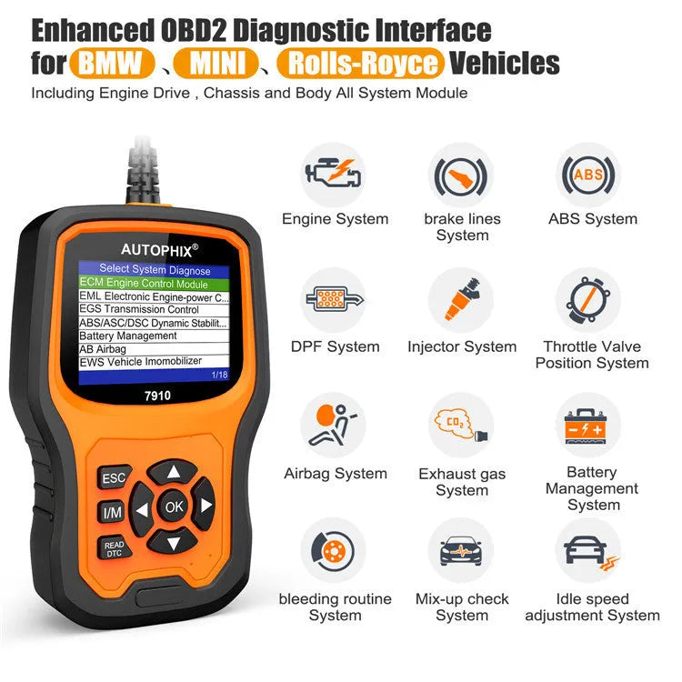 Autophix 7910 automotive diagnostic scanner for BMW vehicles with OBD2 connector