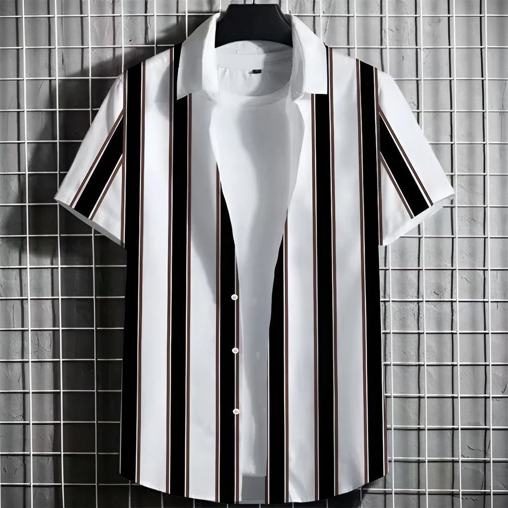 Men's striped linen T-shirt with 3D printing design, short sleeves, multiple colour options