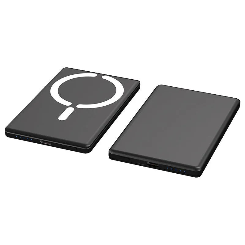 Ultra-thin dark gray magnetic power bank next to an iPhone, showing its slim 9mm profile and magnetic attachment.
