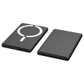 Ultra-thin dark gray magnetic power bank next to an iPhone, showing its slim 9mm profile and magnetic attachment.