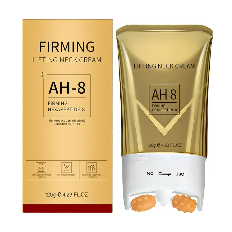 Roller neck cream container measuring 8.8cm wide with 120g firming moisturiser for wrinkle reduction