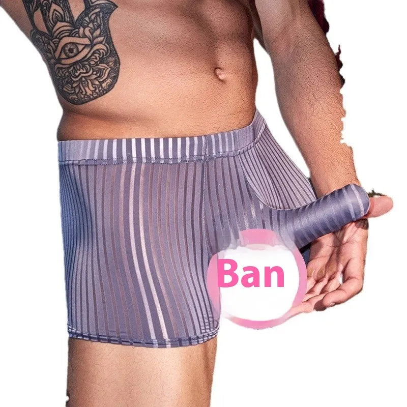 Men's striped boxer briefs underwear in nylon fabric showing vertical pattern detail