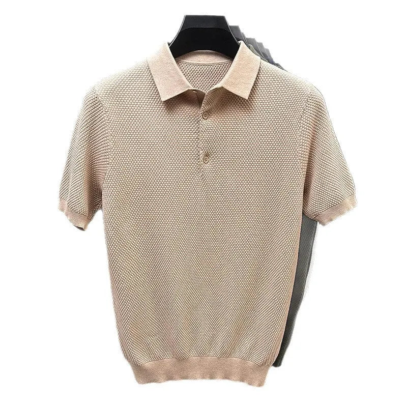 Loose fitting short sleeve cotton pullover sweater in a solid colour on a hanger