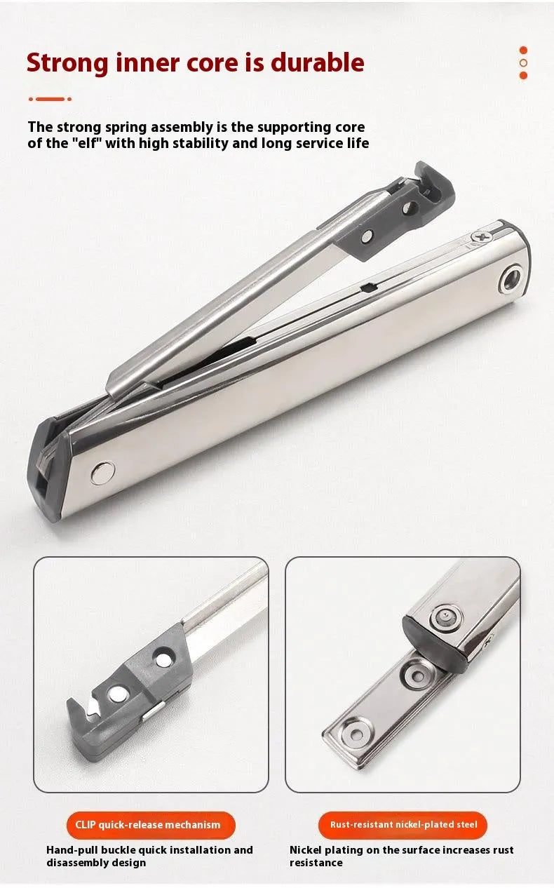 Cold rolled steel adjustable support rod for flap-up cabinet doors in natural stainless steel colour