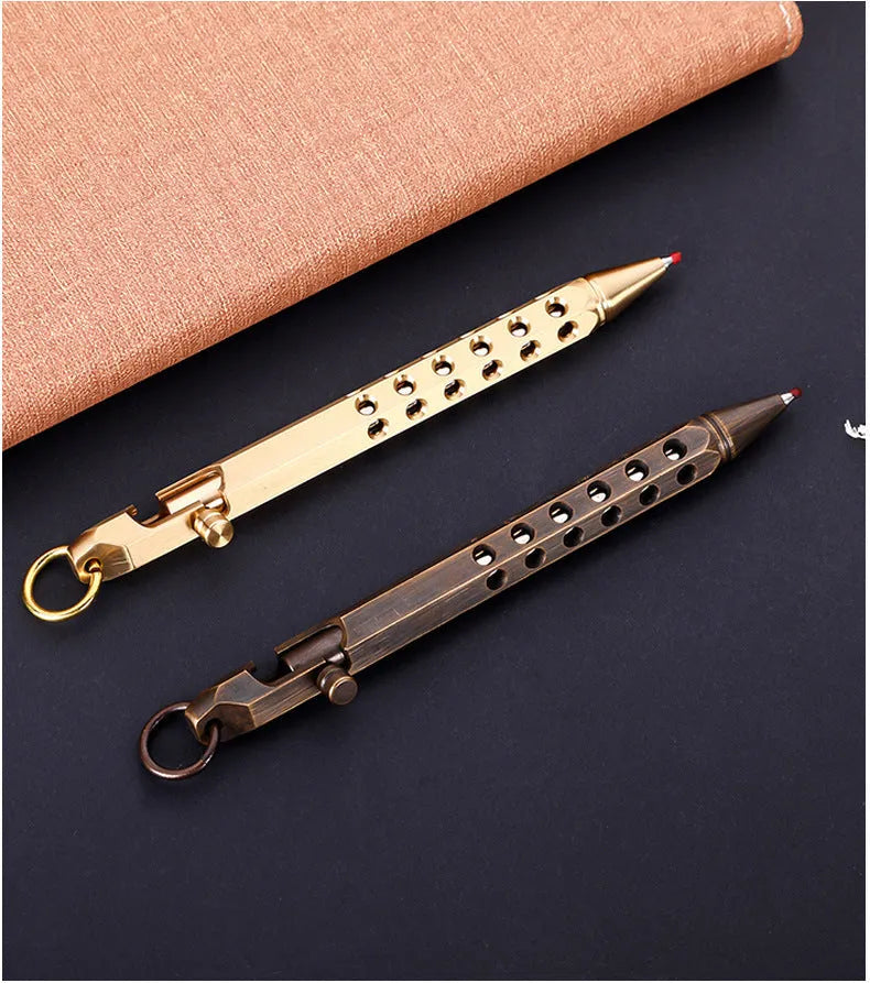 Brass hexagonal bolt rollerball pen with 0.5mm tip showing six-sided barrel design