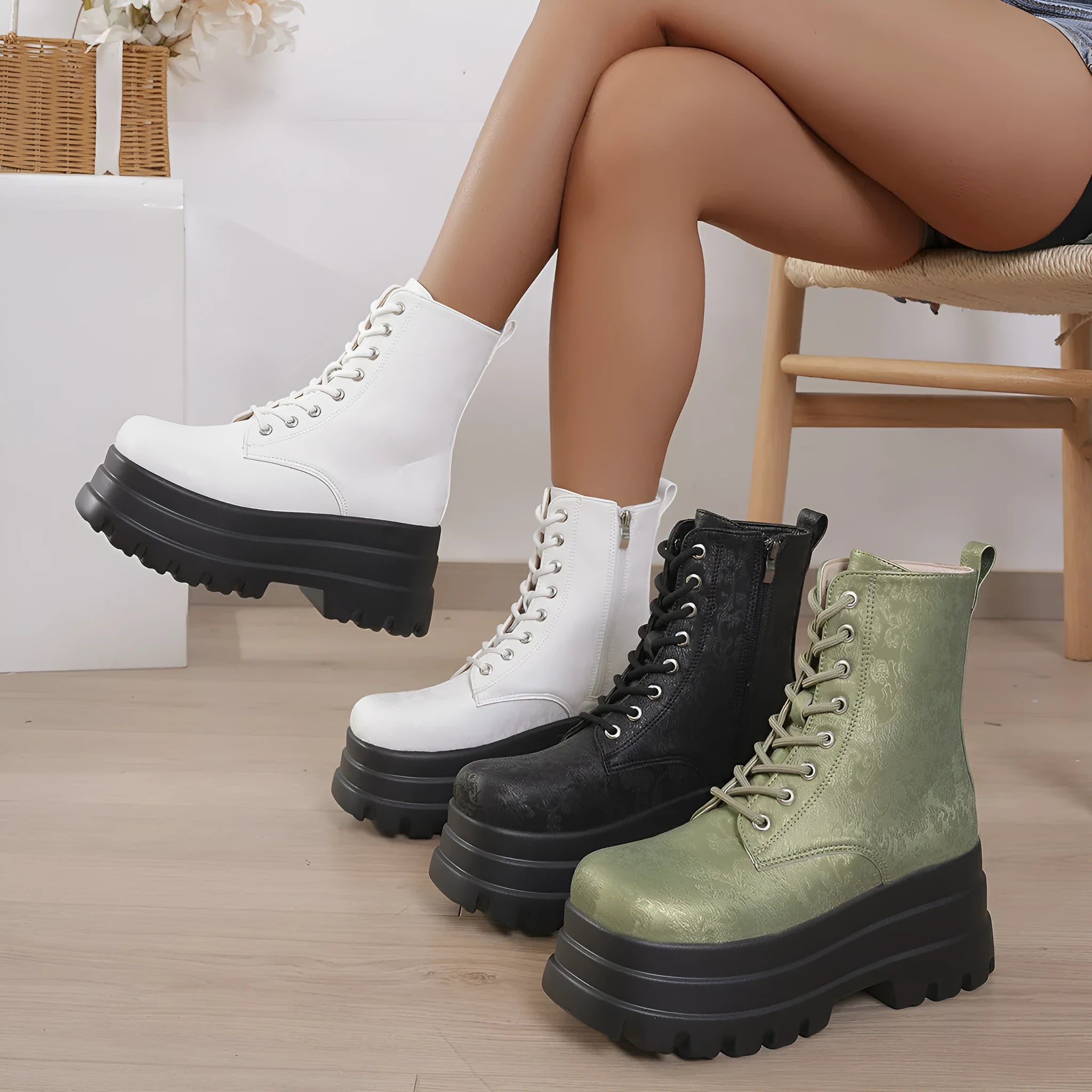 Women's black retro patchwork platform Martin boots with side zip and chunky heel
