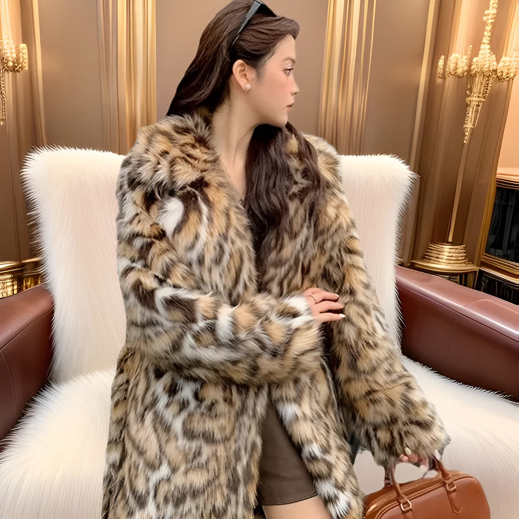 Women's faux fur coat with a large fur collar in a street fashion style.