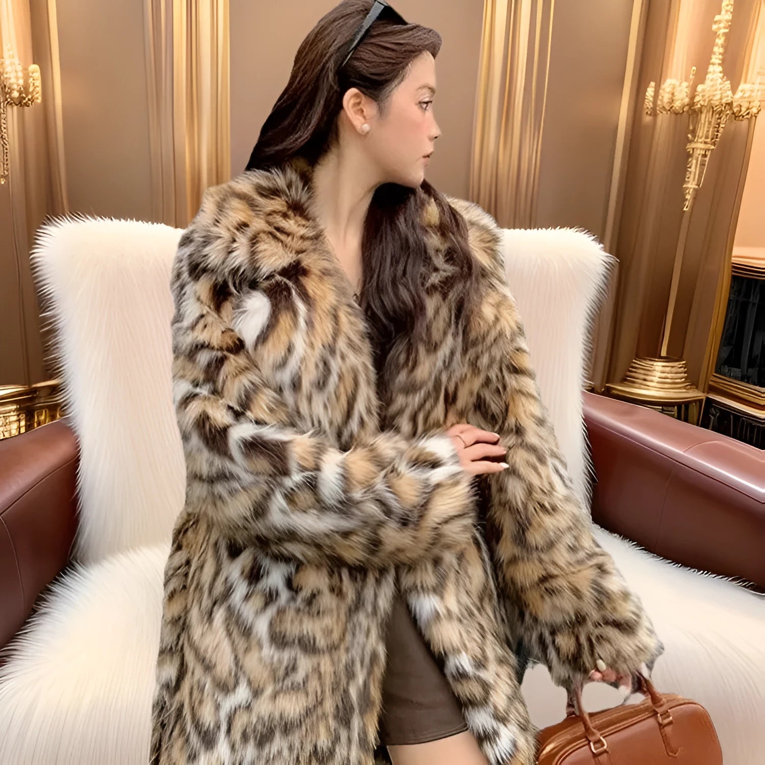 Women's faux fur coat with a large fur collar in a street fashion style.
