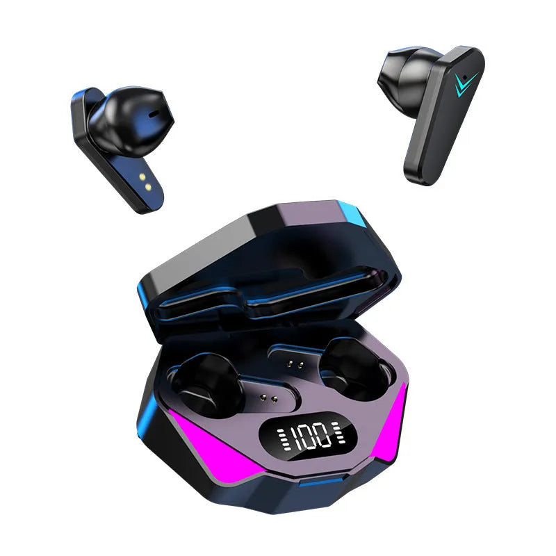 X15 wireless Bluetooth in-ear gaming headphones with charging case, shown in available colours.