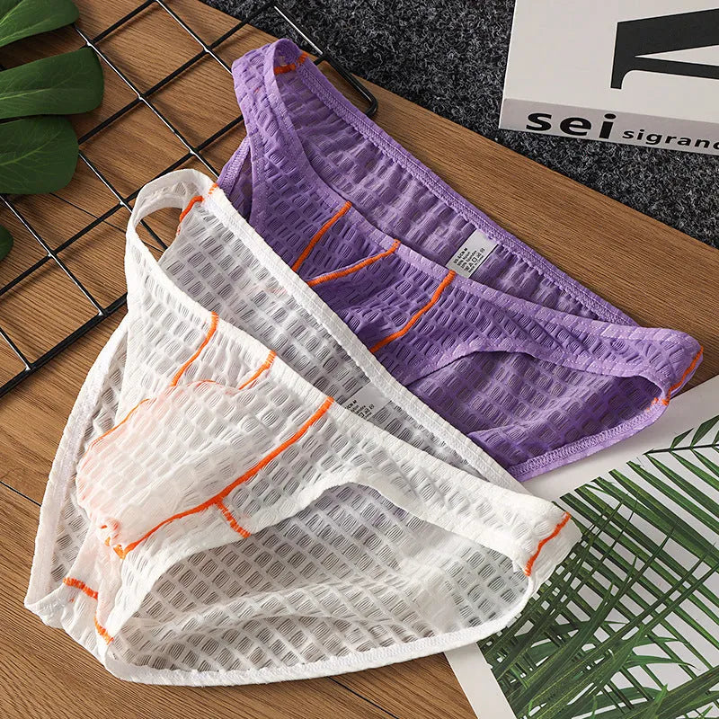 Men's ice silk lace low-waist briefs in solid colours: black, white, green, rose red, and light purple.