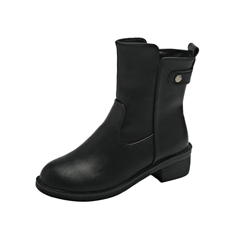 Black women's ankle boots with side zipper and round toe on low rubber heel