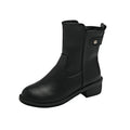Black women's ankle boots with side zipper and round toe on low rubber heel