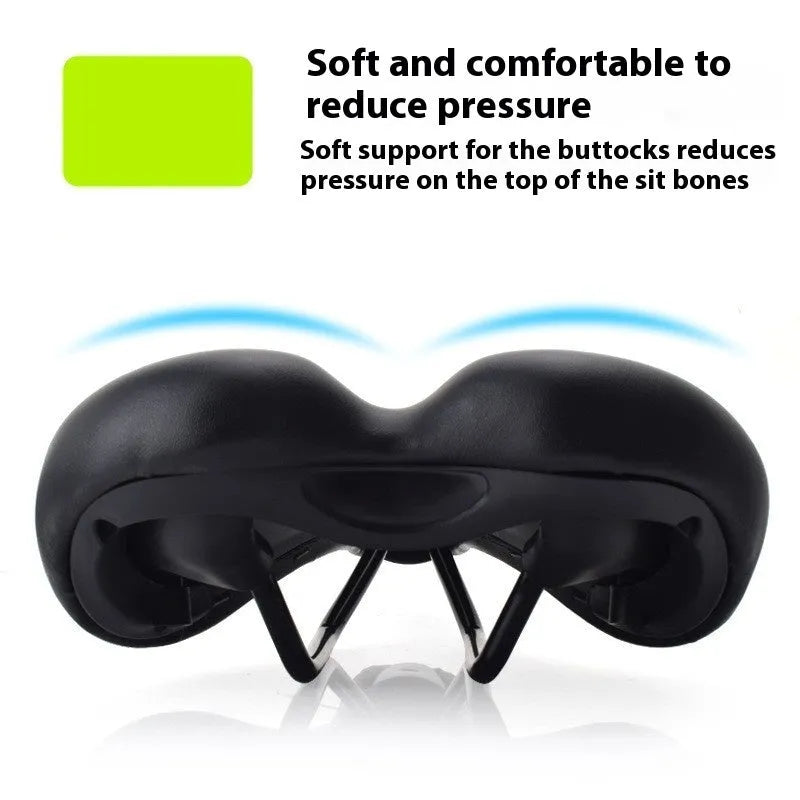 Bike saddle cushion with hollow centre design showing dimensions and double rail mounting system