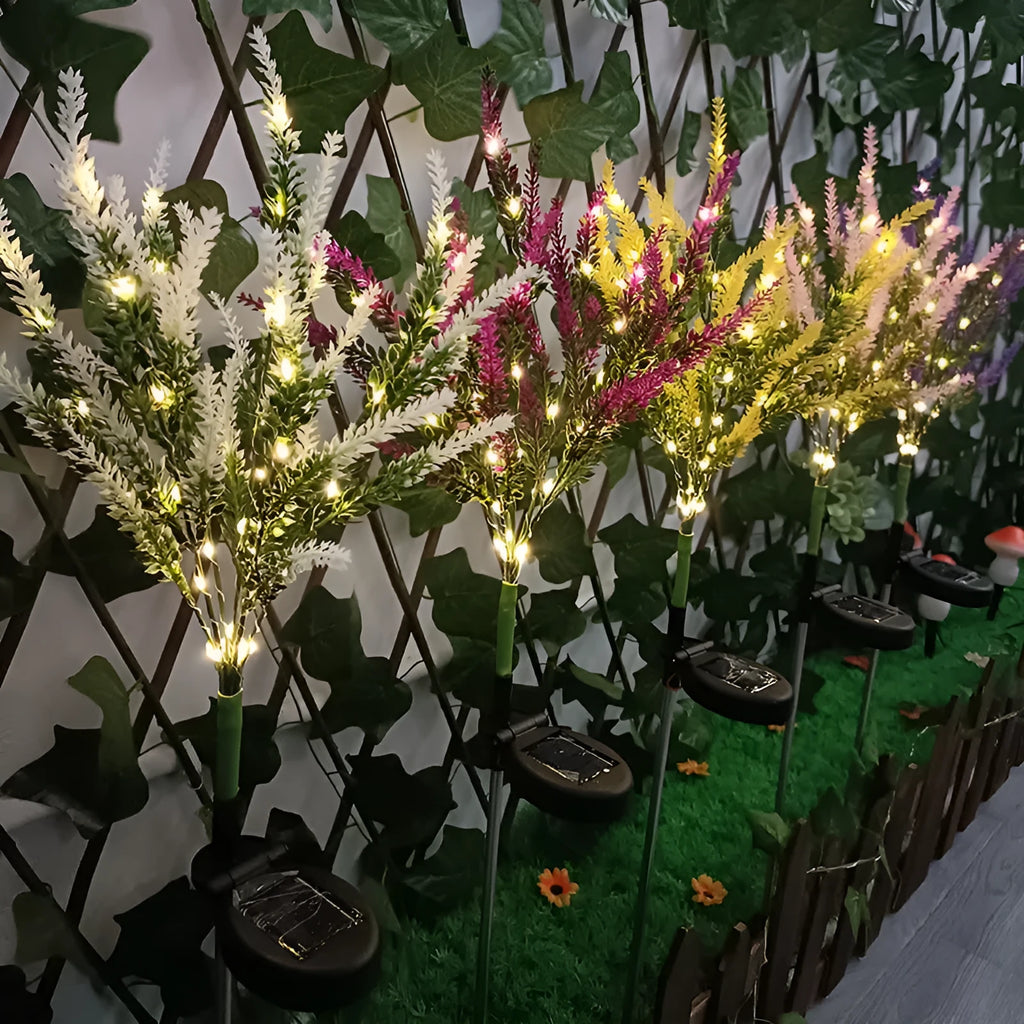 Solar-powered LED garden light with flower design in lavender colour, 74cm height