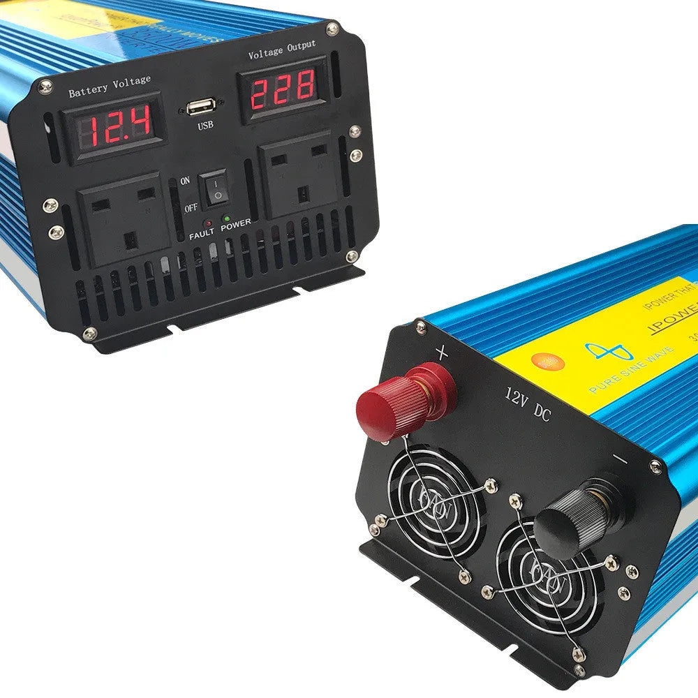 Blue high-power pure sine wave car inverter with digital display and remote control.