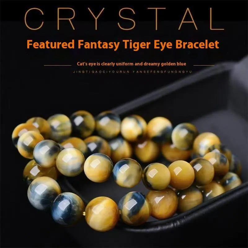 Close-up of a Fantasy Tiger Eye agate bracelet with round geometric beads on a wrist.
