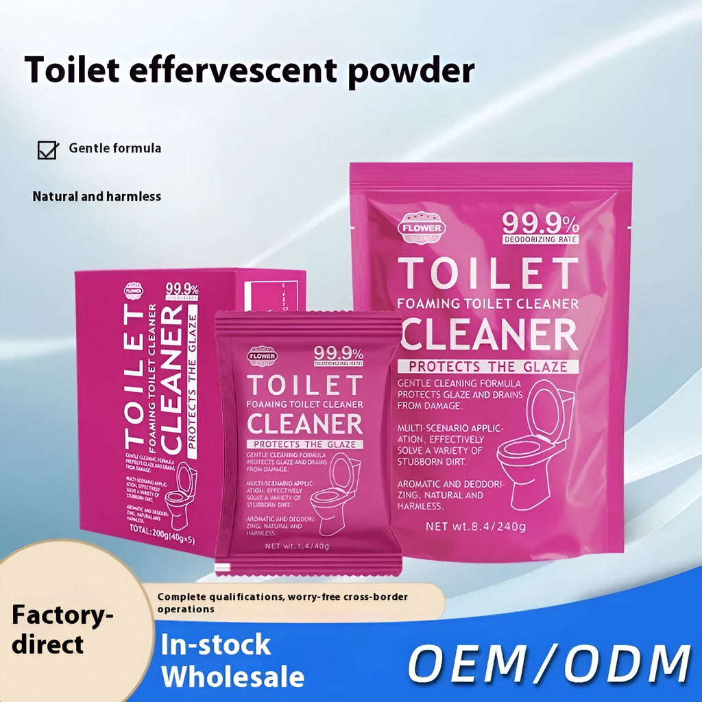 Toilet bubble descaling powder in blue ocean or pink floral scent, in boxed or large bag packaging.