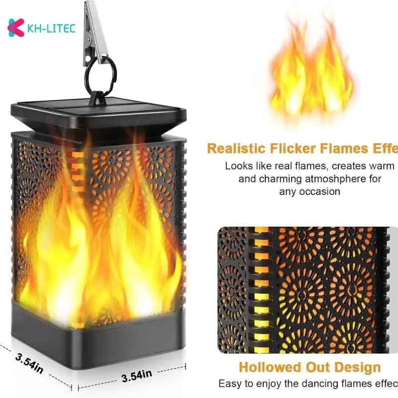 Black solar hanging flame torch light with flickering LED effect for outdoor garden decoration