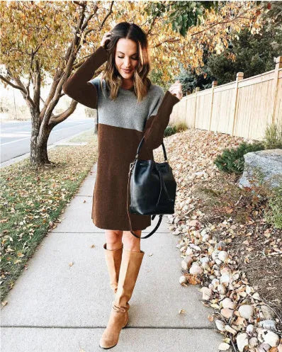 Brown women's long sleeve patchwork dress with a loose skirt silhouette and round neckline.