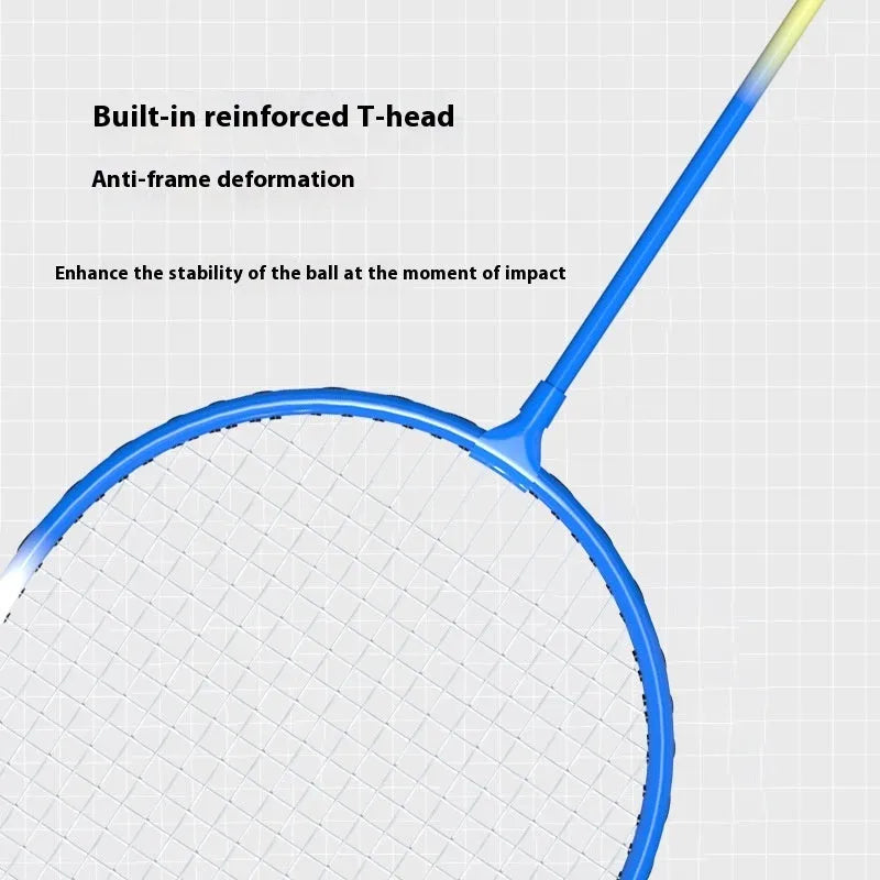 A pair of blue and red ultra-light alloy badminton rackets laid side by side.